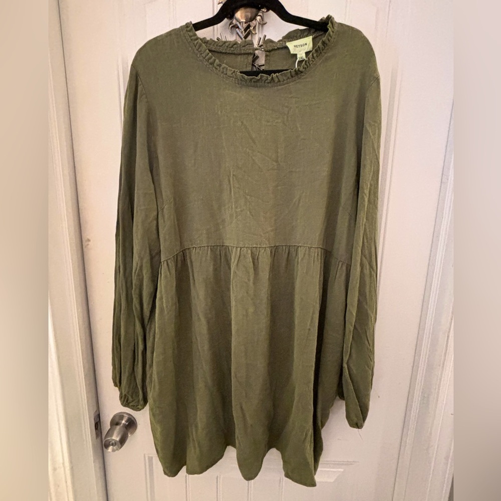 Heyson Size 1XL Green Washed Gauze Ruffled High Neck Long Sleeve Dress - Picture 5 of 13